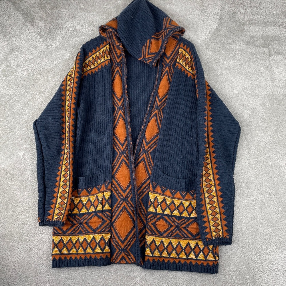 Lucky Brand Hooded Cardigan Womens XL Navy Rust Geometric Boho Open Front Aztec